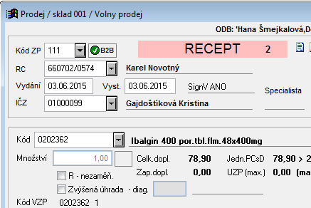 Formul vdeje pes pokladnu s kontrolou B2B